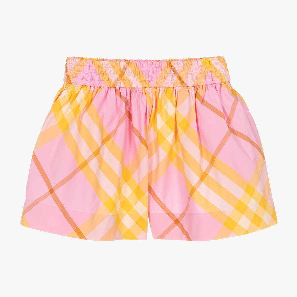 Shop Burberry Girls Pink Check Cotton Shorts