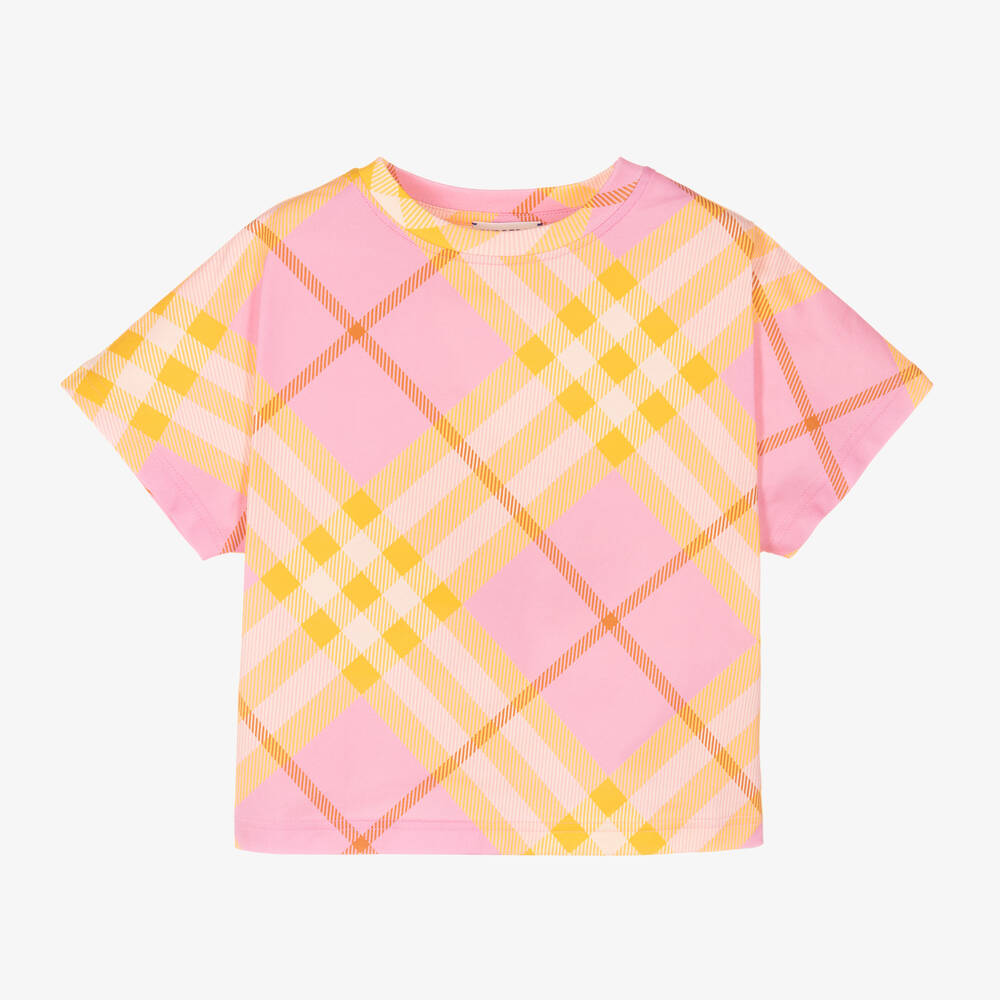 Burberry - Girls Pink Check Cotton T-Shirt | Childrensalon