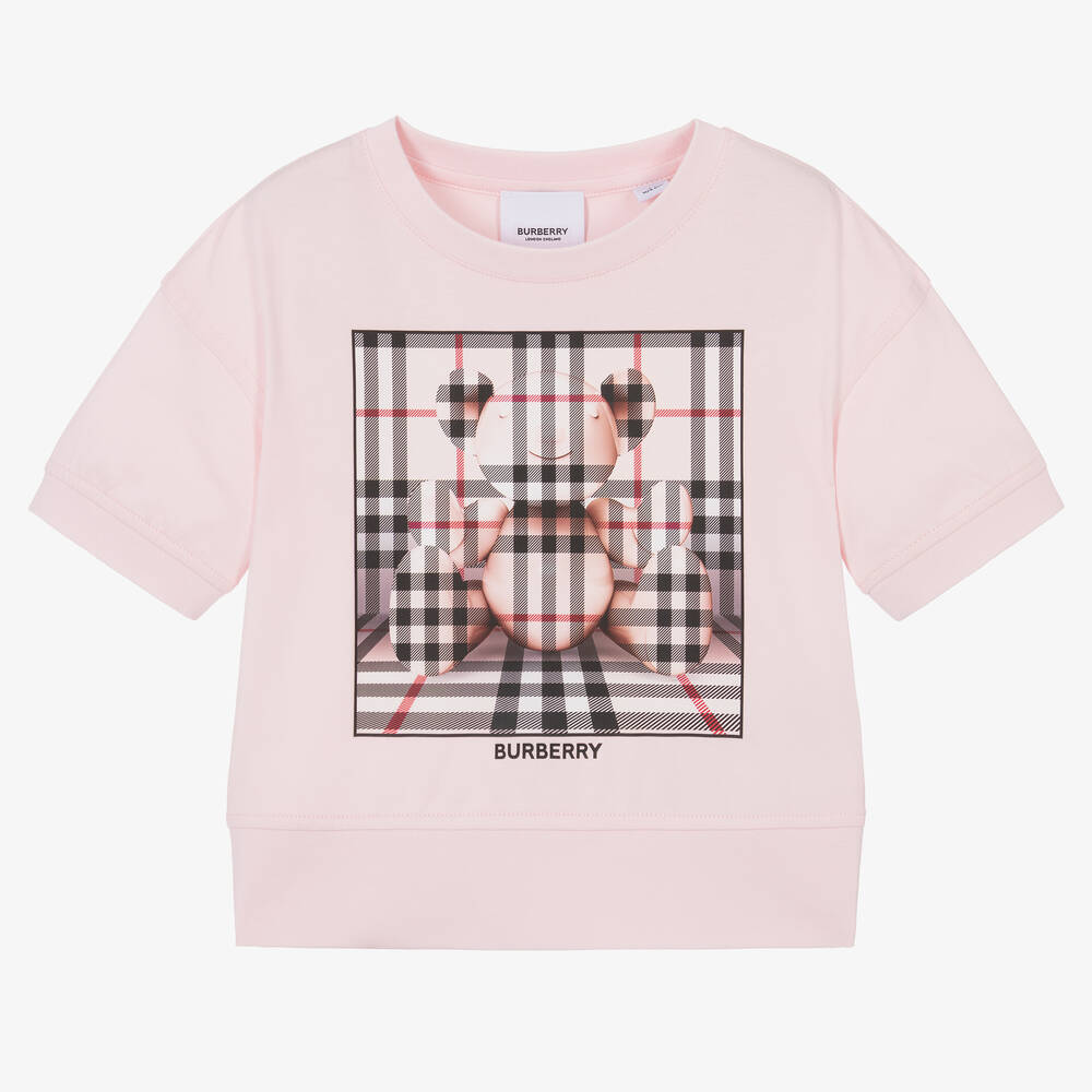 Shop Burberry Girls Pink Cotton T-shirt