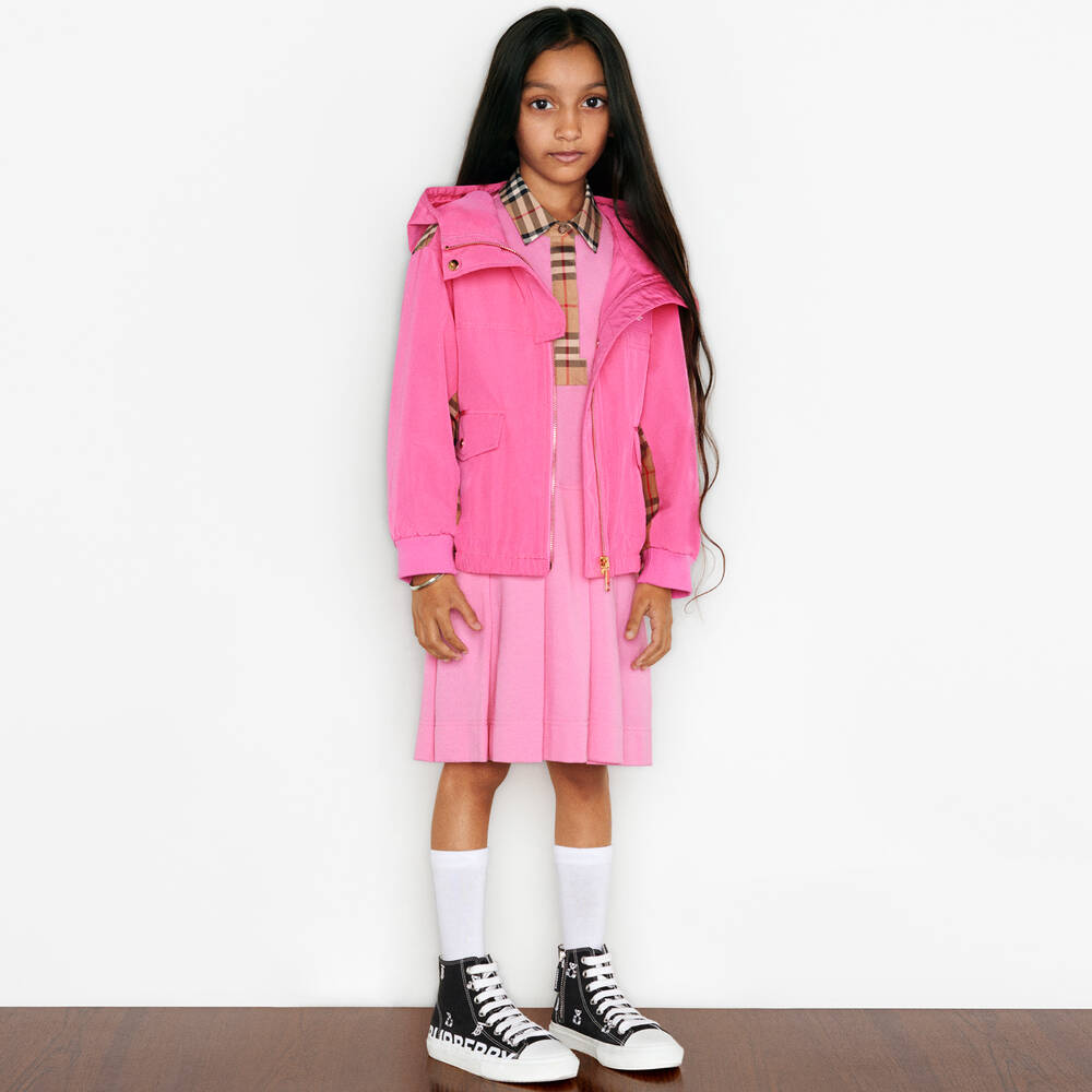 Burberry - Girls Pink Vintage Check Hooded Jacket | Childrensalon