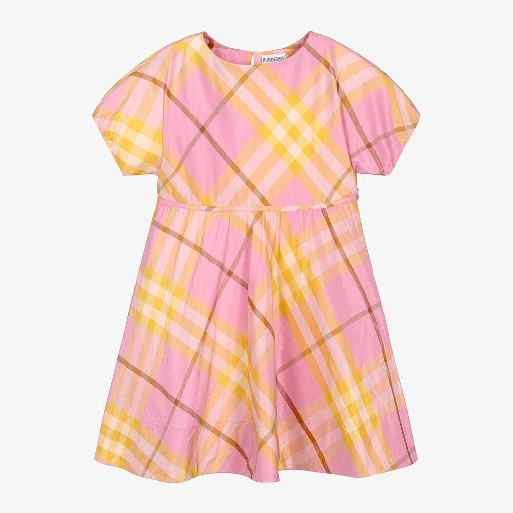 Burberry - فستان حرير كاروهات لون زهري و أصفر  | Childrensalon