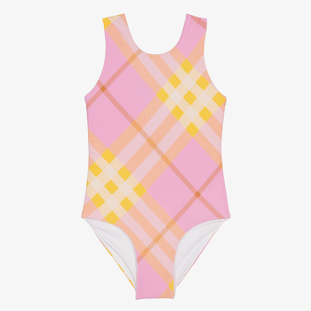 Shop Burberry Girls Pink & Yellow Check Swimsuit