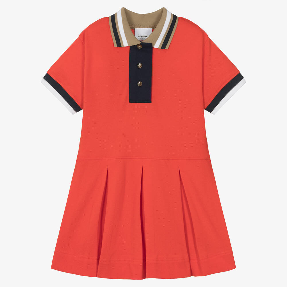 Burberry - Girls Red Cotton Varsity Polo Dress | Childrensalon