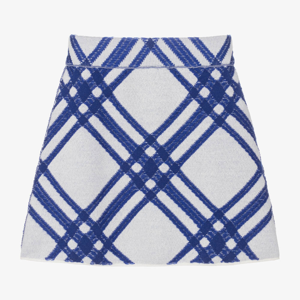 Burberry - Girls White & Blue Check Wool Skirt | Childrensalon