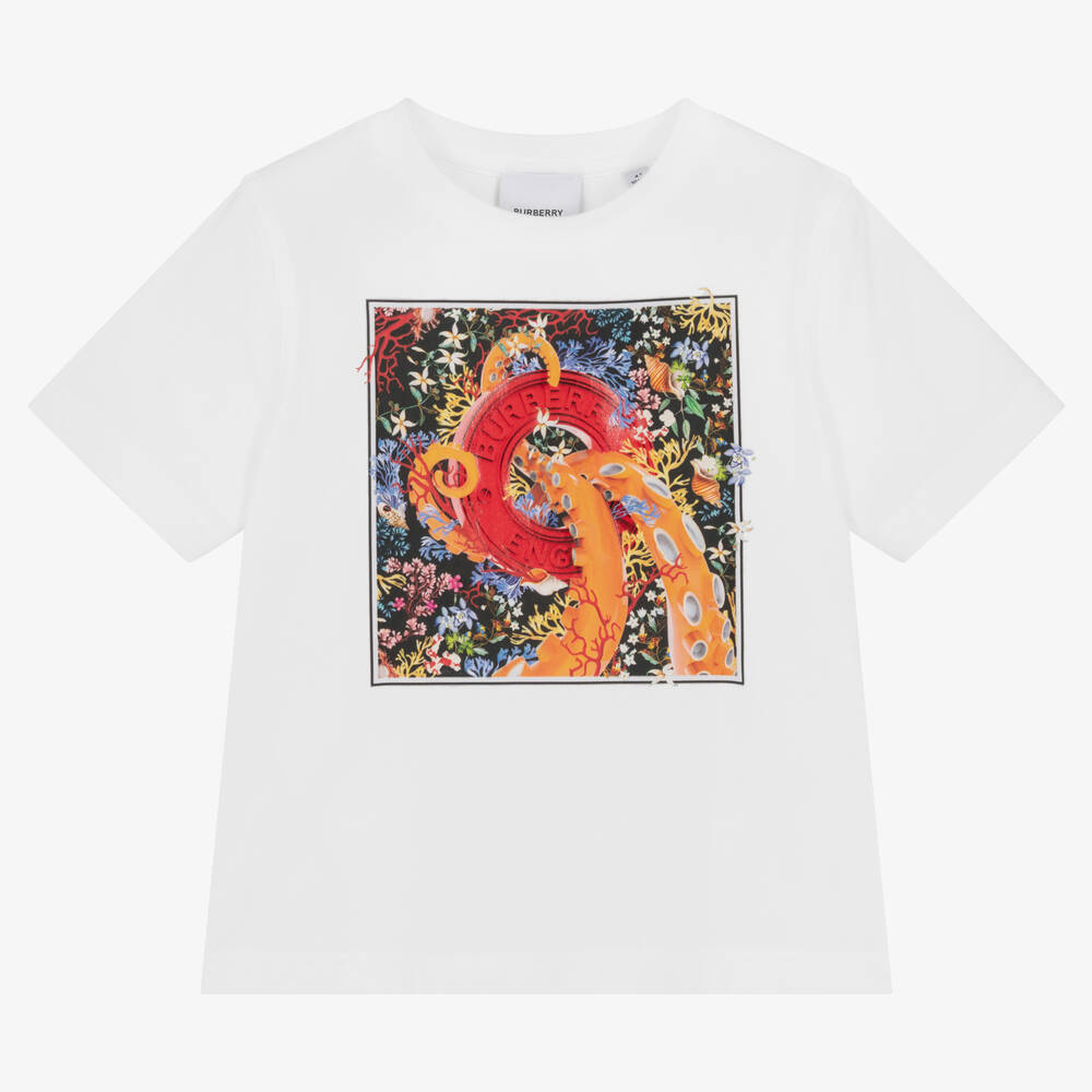 Burberry - Girls White Coral Cotton Logo T-Shirt | Childrensalon