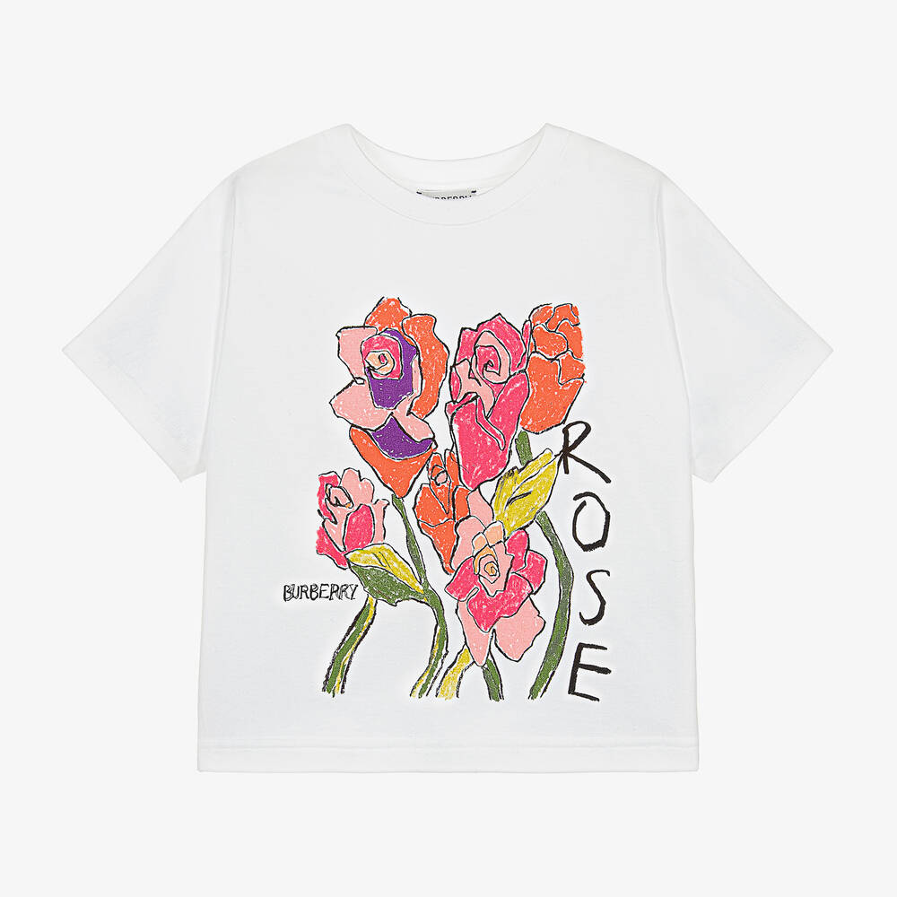 Shop Burberry Girls White Rose Print Cotton T-shirt