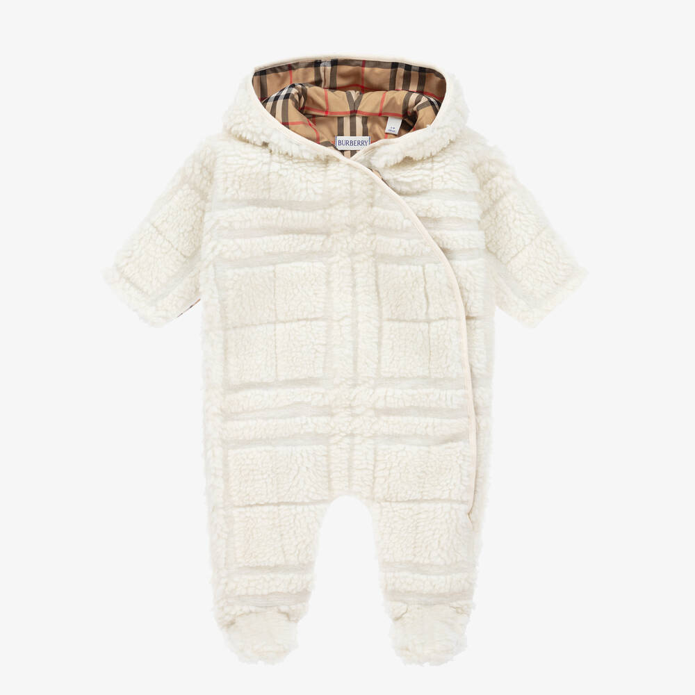 Burberry - Ivory Check Fleece Baby Pramsuit | Childrensalon