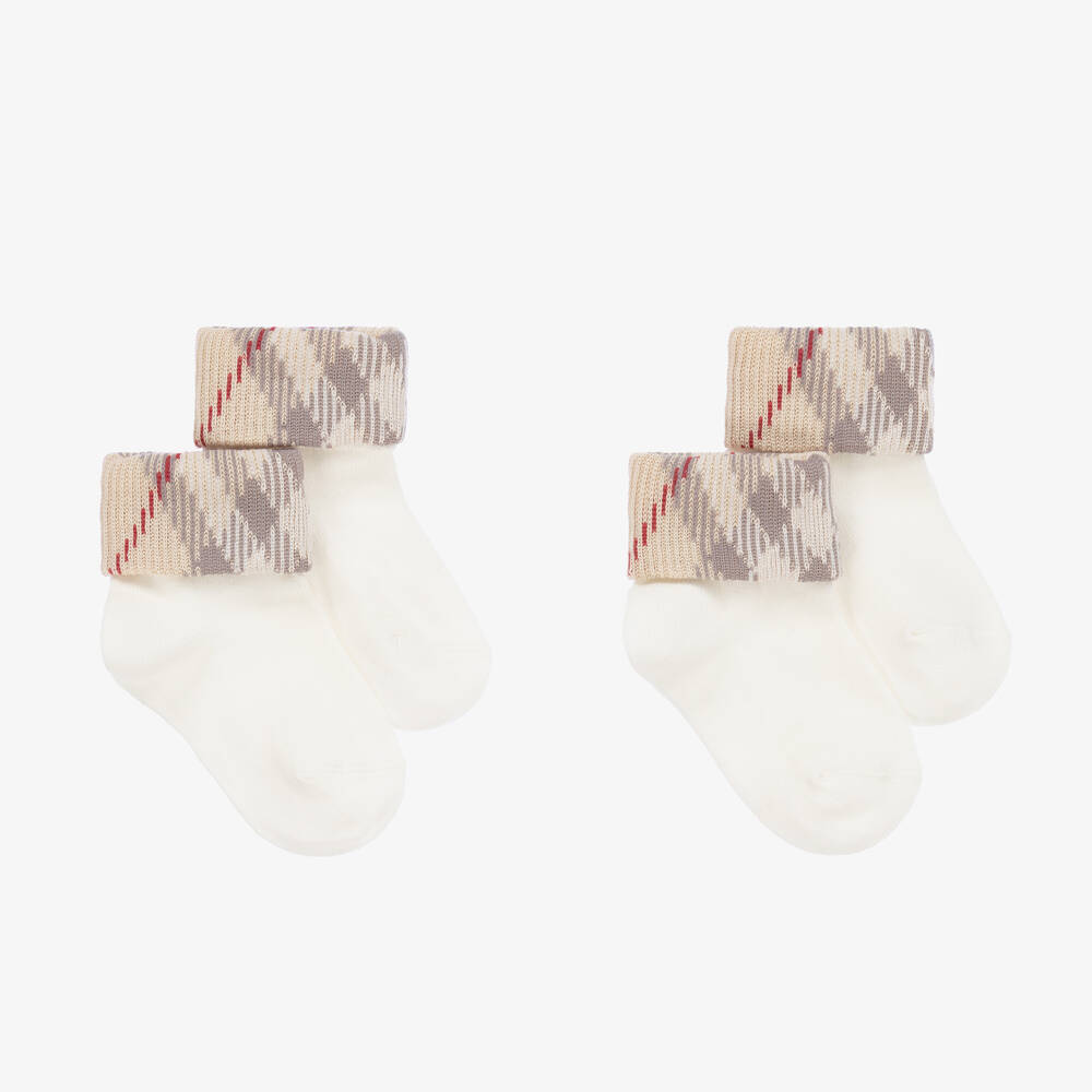 Shop Burberry Ivory Knitted Cotton Socks (2 Pack) In Beige