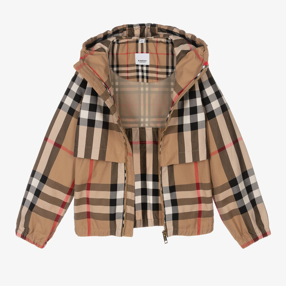 Burberry - Teen Beige Check Hooded Windbreaker Jacket | Childrensalon