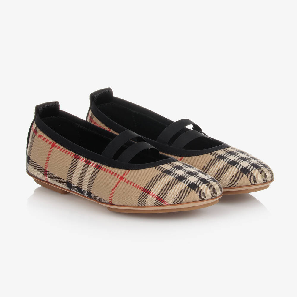 Burberry - حذاء بمب تينز بناتي قطن كاروهات لون بيج | Childrensalon