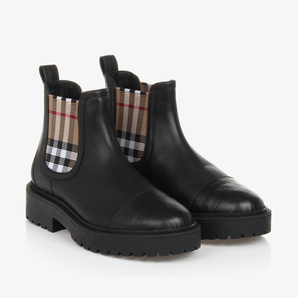 Burberry - Черные кожаные ботинки с акцентами в ретроклетку | Childrensalon