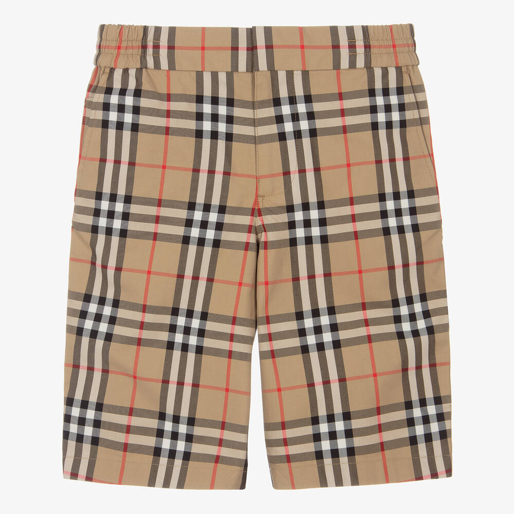 Shop Burberry Teen Boys Beige Check Cotton Shorts