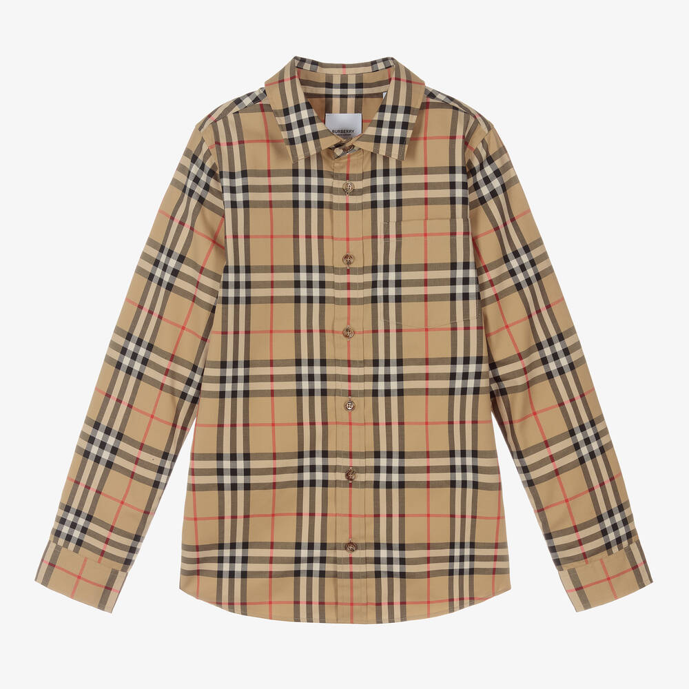 Burberry - قميص قطن كاروهات لون بيج تينز ولادي | Childrensalon
