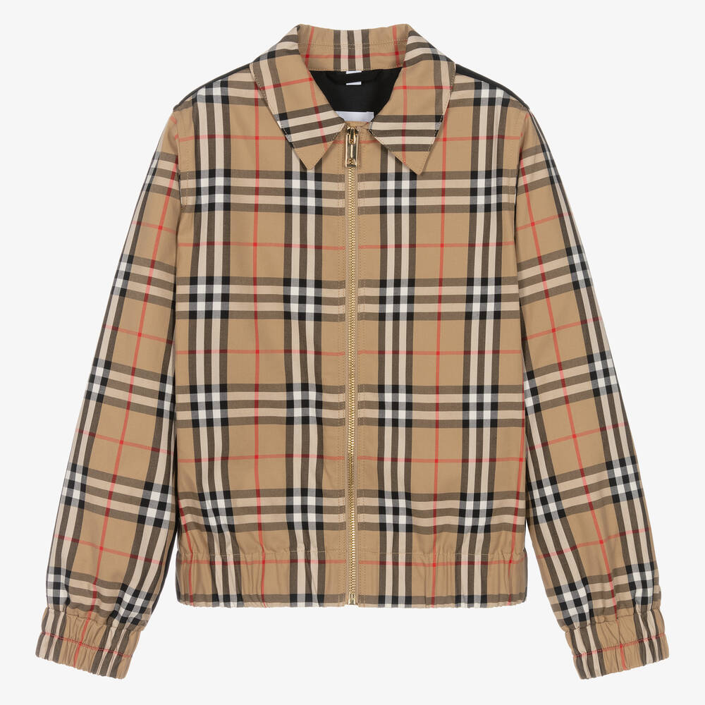 Burberry - Teen Boys Beige Cotton Check Zip-Up Jacket | Childrensalon