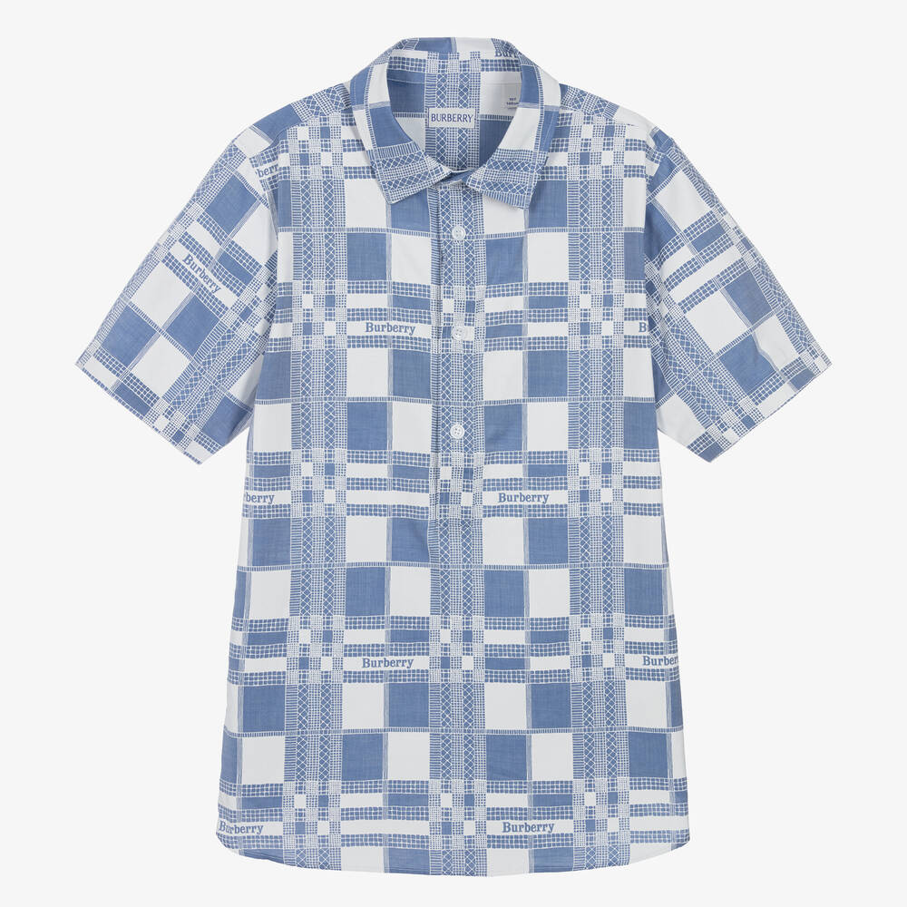 Burberry - قميص قطن كاروهات لون أزرق وأبيض للمراهقين  | Childrensalon