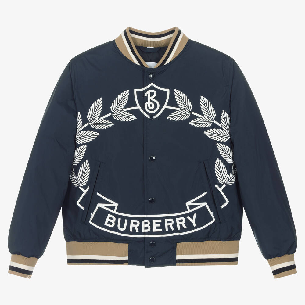 Shop Burberry Teen Boys Blue Down Filled Bomber Jacket