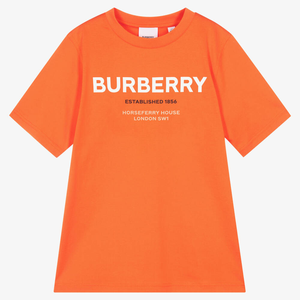 Burberry - تيشيرت تينز ولادي قطن لون برتقالي | Childrensalon