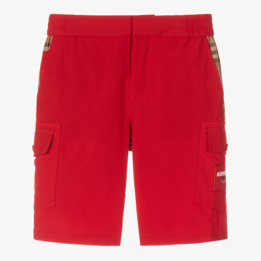 Burberry - Teen Boys Red & Beige Check Cargo Shorts | Childrensalon