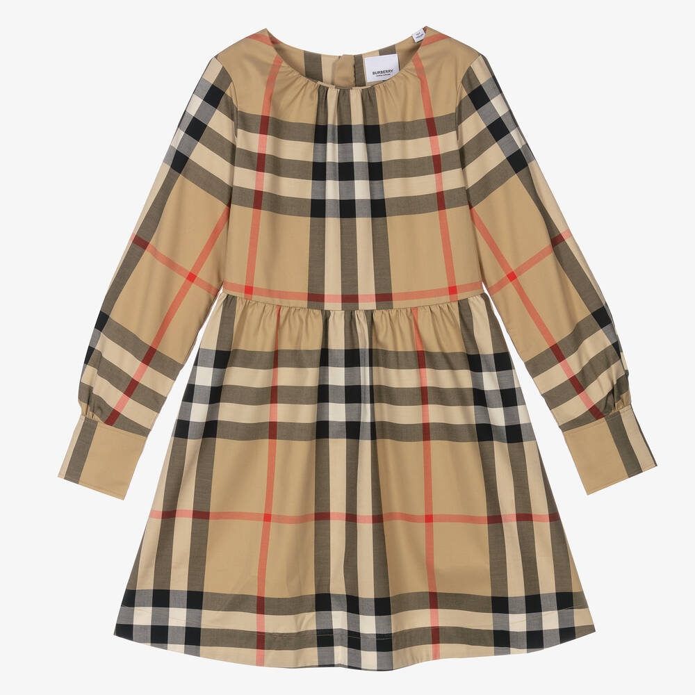 Burberry - فستان تينز بناتي قطن تويل كاروهات لون بيج | Childrensalon