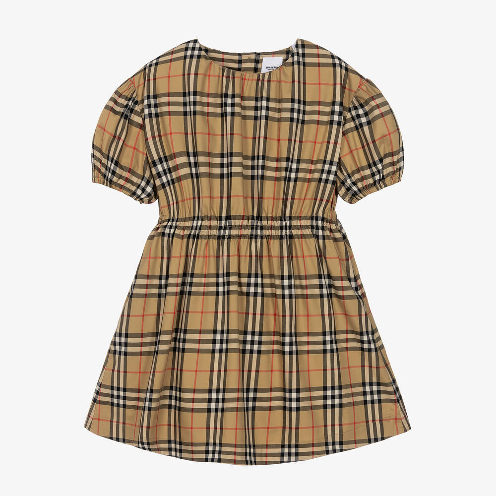 Burberry - فستان تينز بناتي قطن تويل كاروهات لون بيج | Childrensalon