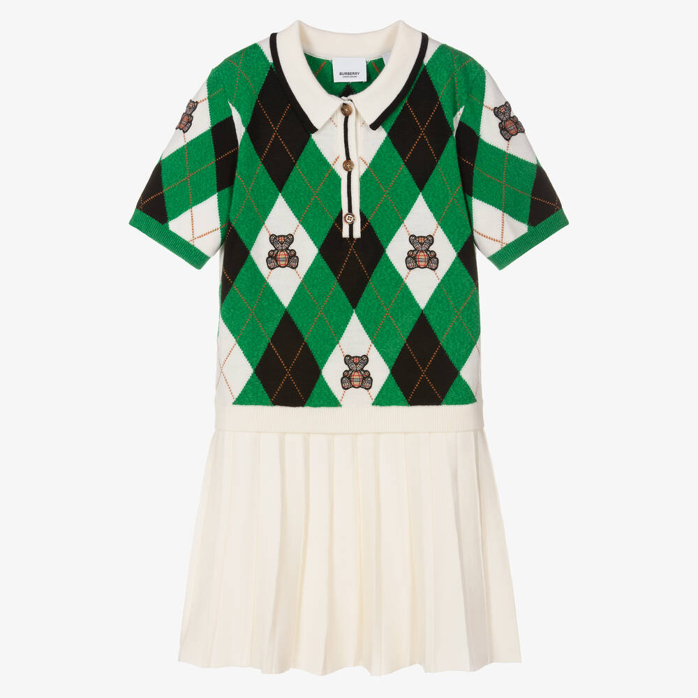 Burberry - فستان صوف محبوك لون أخضر وعاجي تينز بناتي | Childrensalon