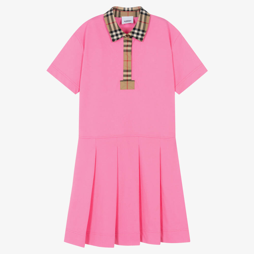 Burberry Kids' Pink Dress For Girl With Iconic Vintage Check In Fucsia