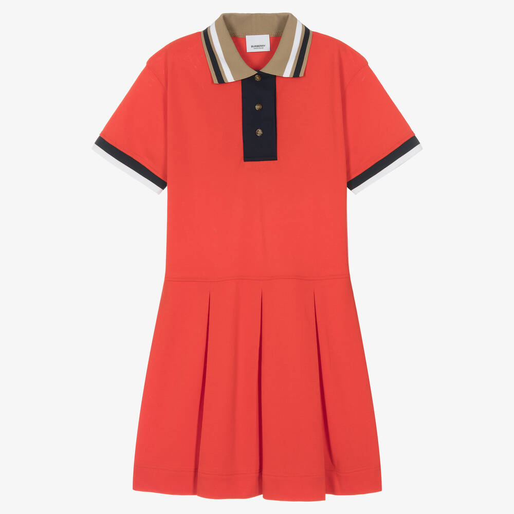 Burberry - فستان بولو قطن عضوي لون أحمر تينز بناتي | Childrensalon