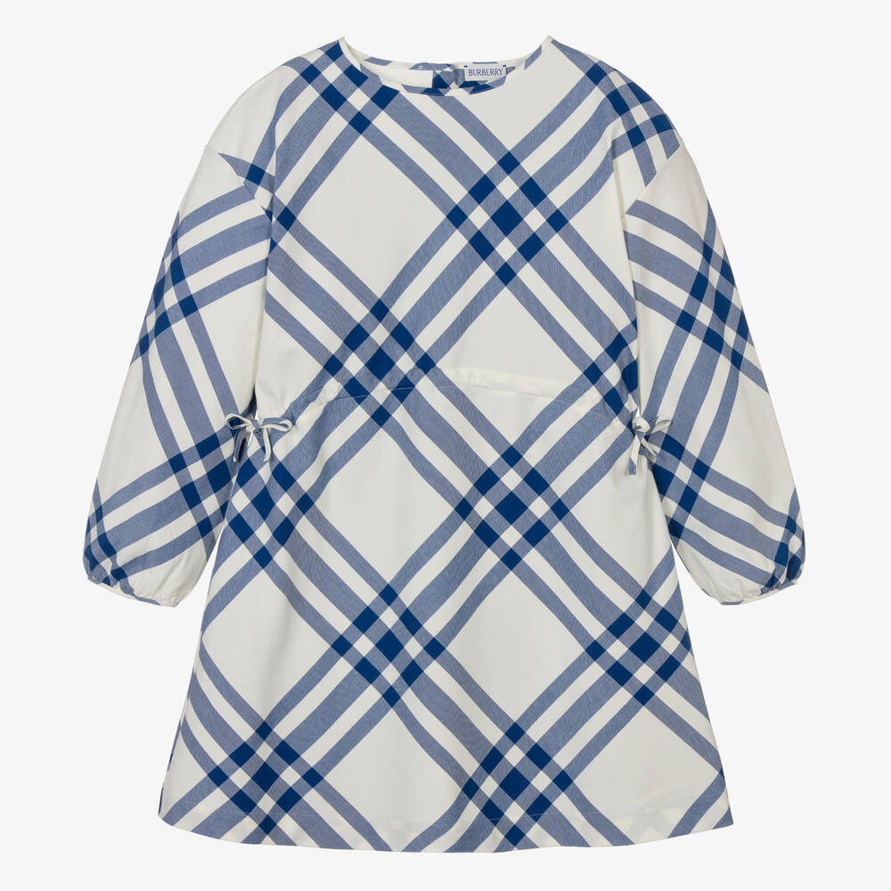 Burberry - فستان قطن تويل كاروهات لون أبيض وأزرق | Childrensalon