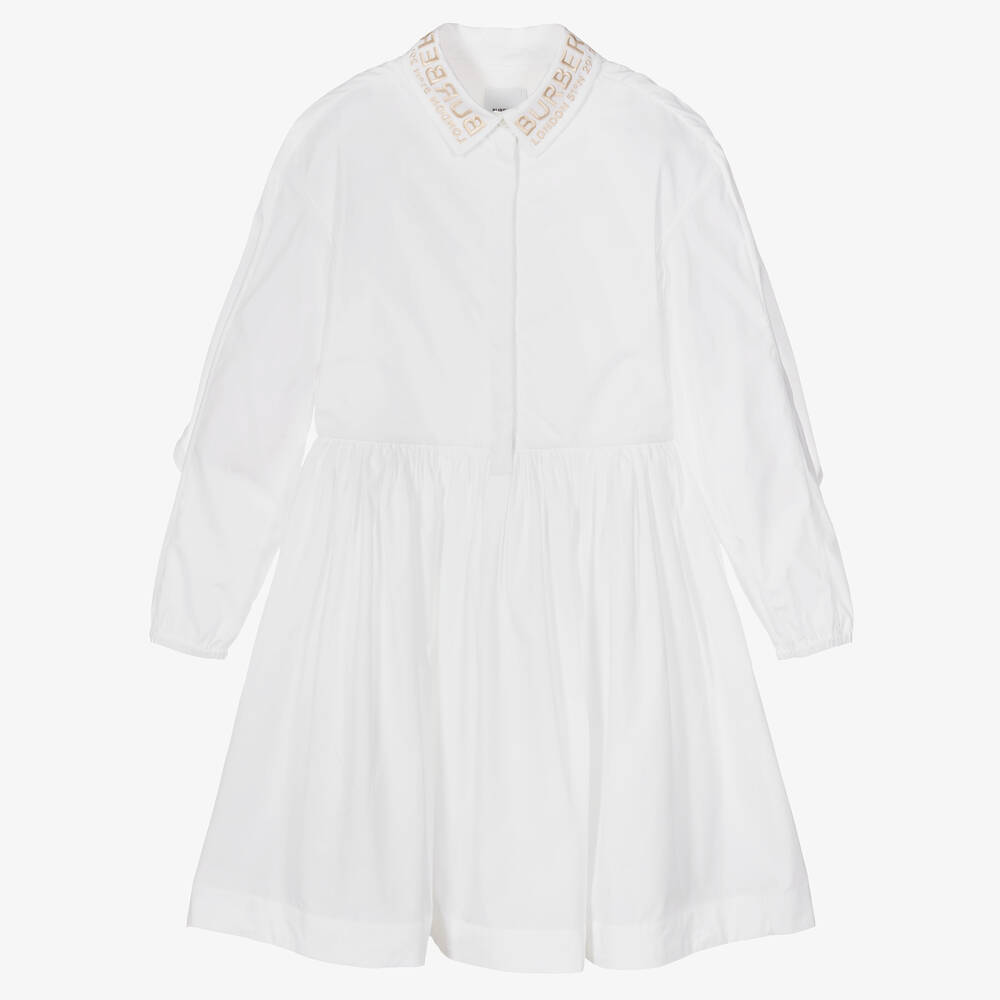 Burberry - فستان قميص قطن بوبلين لون أبيض تينز بناتي | Childrensalon
