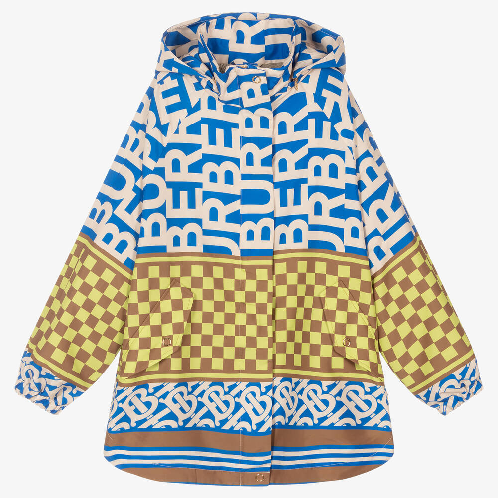 Burberry Girls Teen Montage Print Hooded Coat In Blue