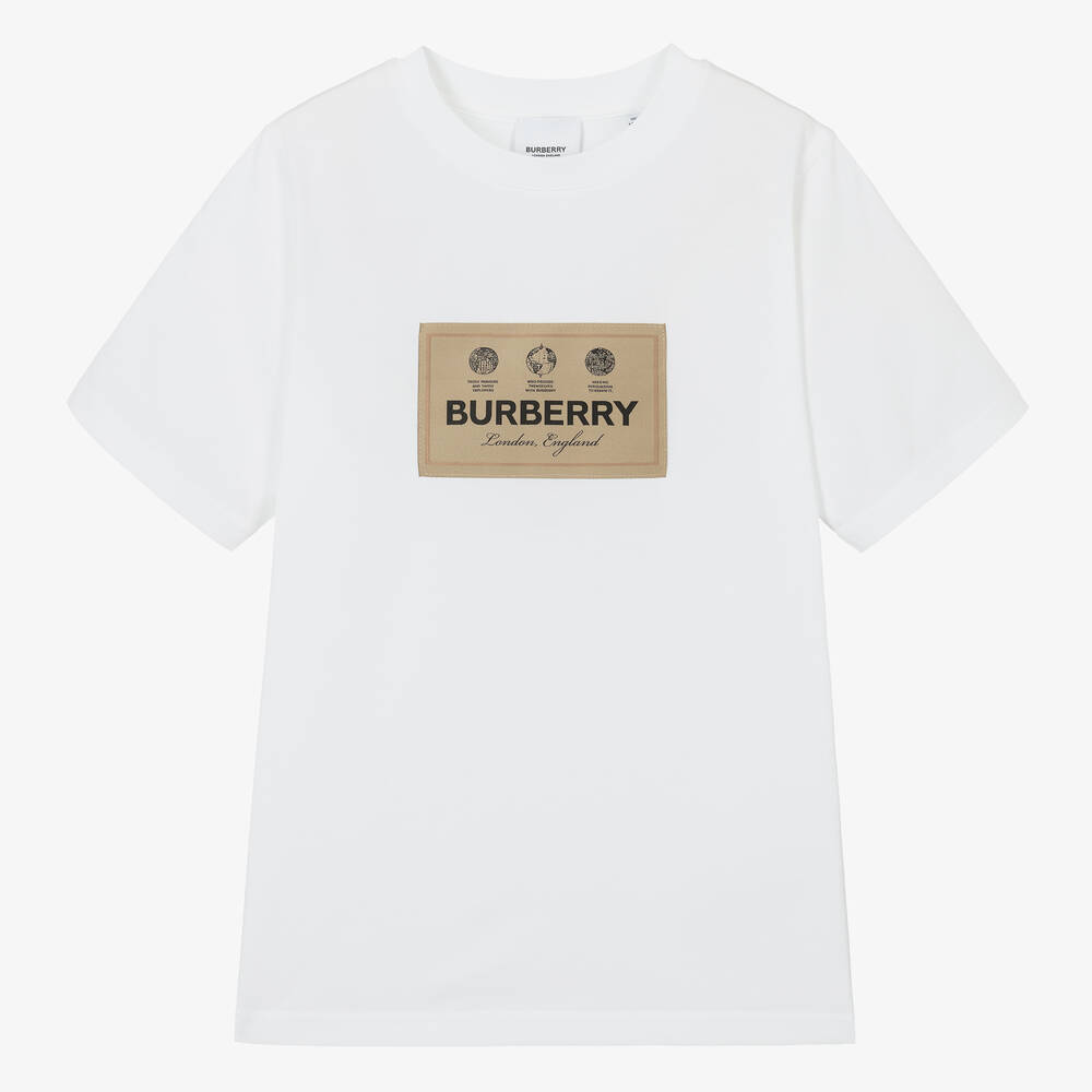 Burberry - Weißes T-Shirt mit Baumwoll-Label-Aufnäher für Teenager | Childrensalon