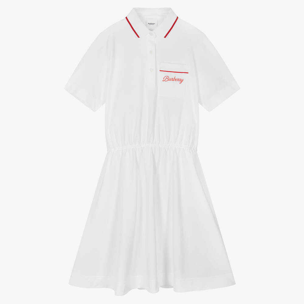 Burberry - فستان تينز بناتي قطن عضوي بيكيه لون أبيض | Childrensalon
