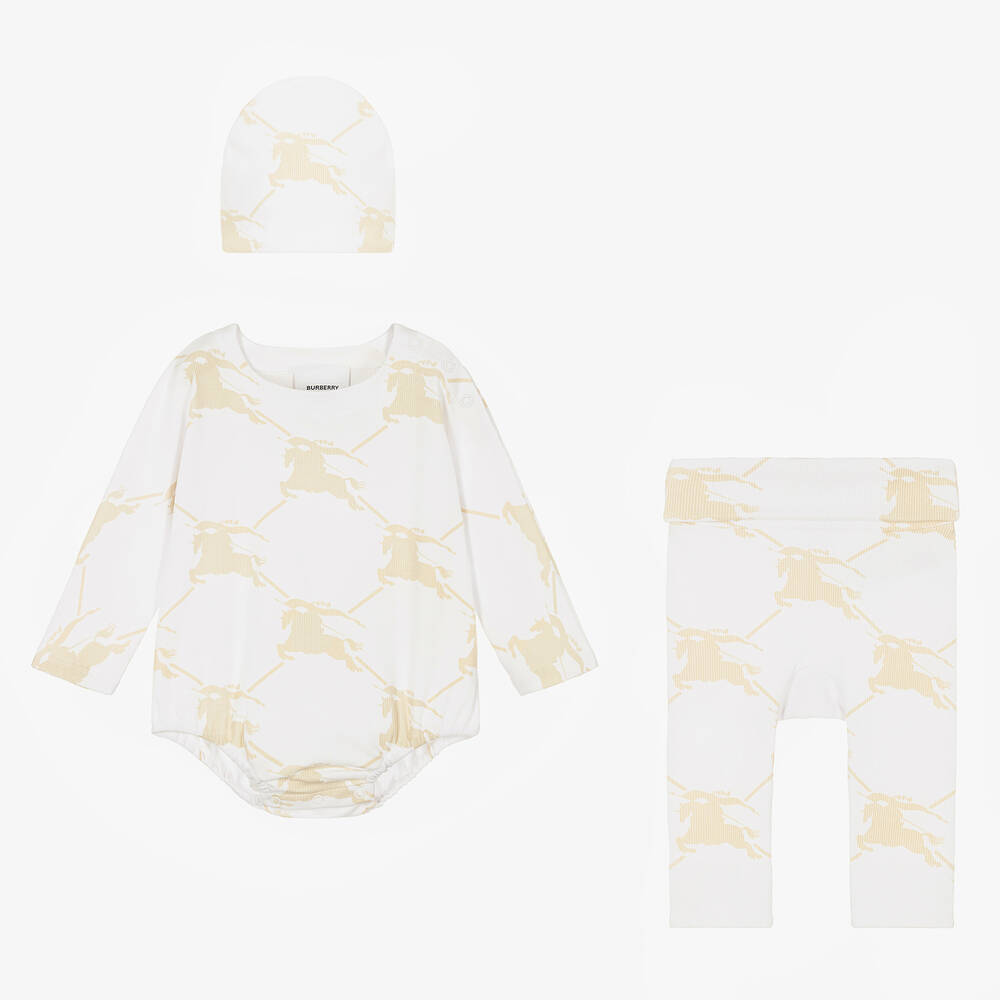 Burberry - White & Beige Cotton EKD Babysuit Set | Childrensalon
