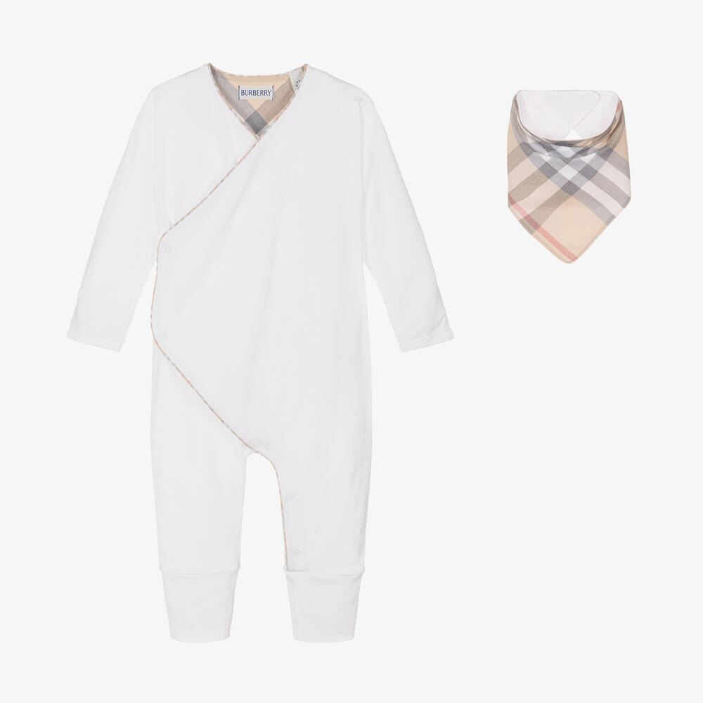 Shop Burberry White Cotton Babysuit Gift Set