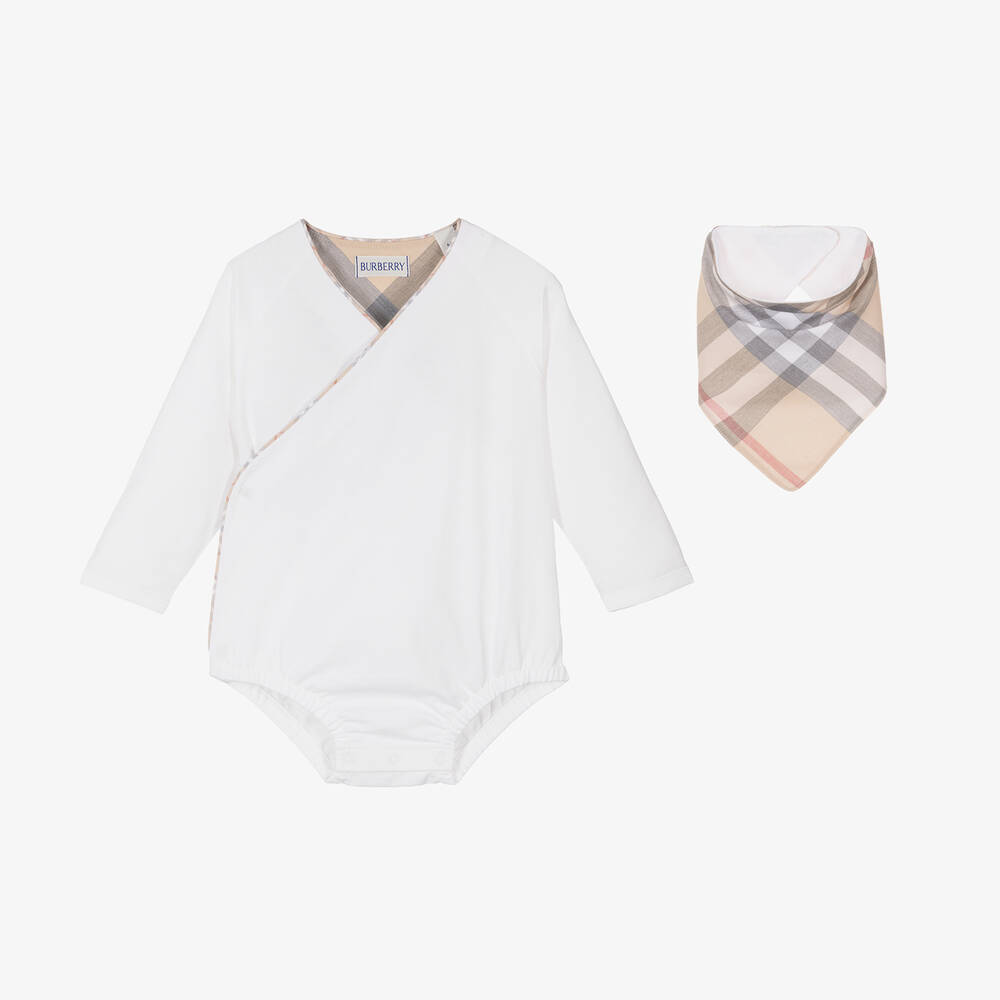 Burberry White Cotton Babysuit Gift Set