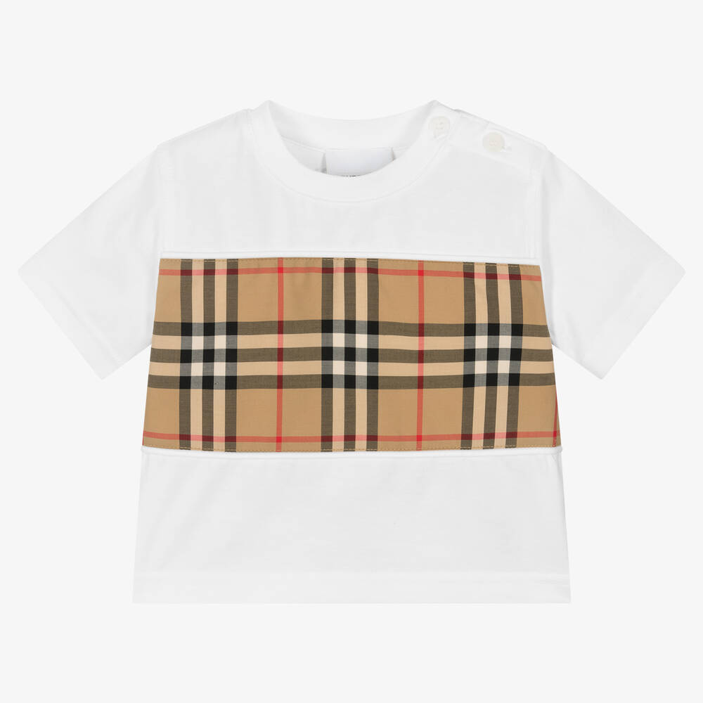 Burberry - White Cotton Check Baby T-Shirt | Childrensalon