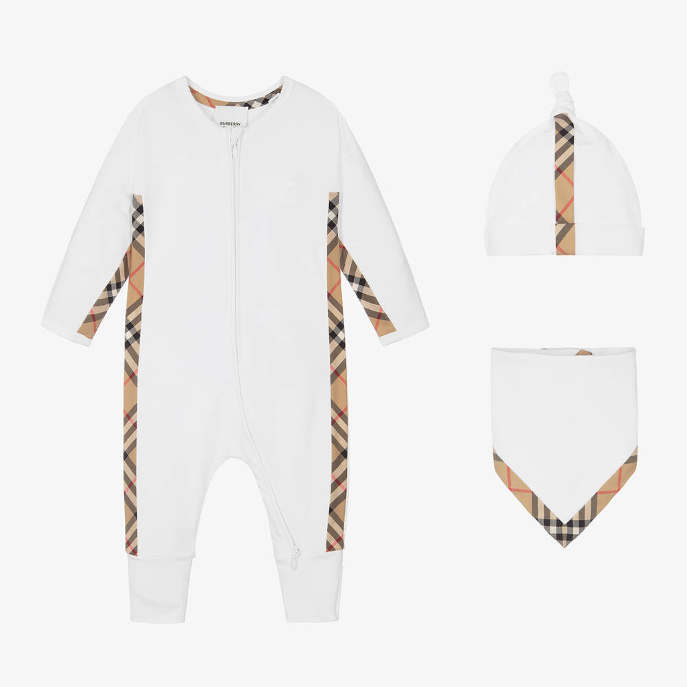 Burberry - White Cotton Check Babysuit Gift Set | Childrensalon