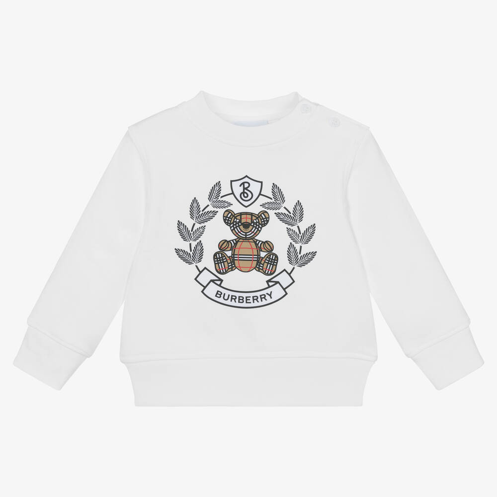 Shop Burberry White Cotton Crest Baby Sweatshirt