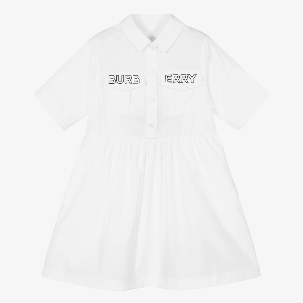 Burberry - فستان قميص قطن بوبلين لون أبيض للبنات | Childrensalon