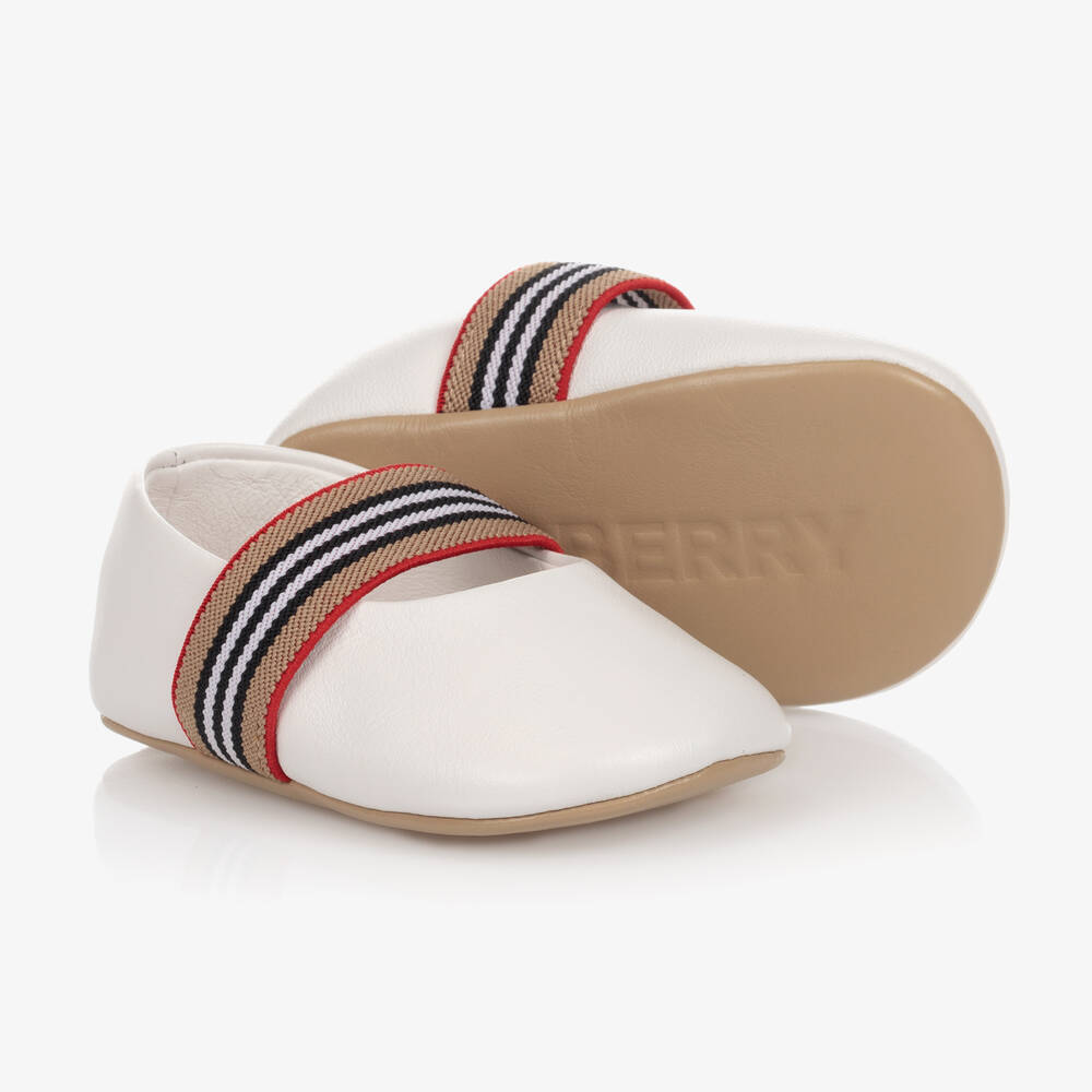 Burberry - Weiße Icon Stripe Baby-Lederschuhe | Childrensalon