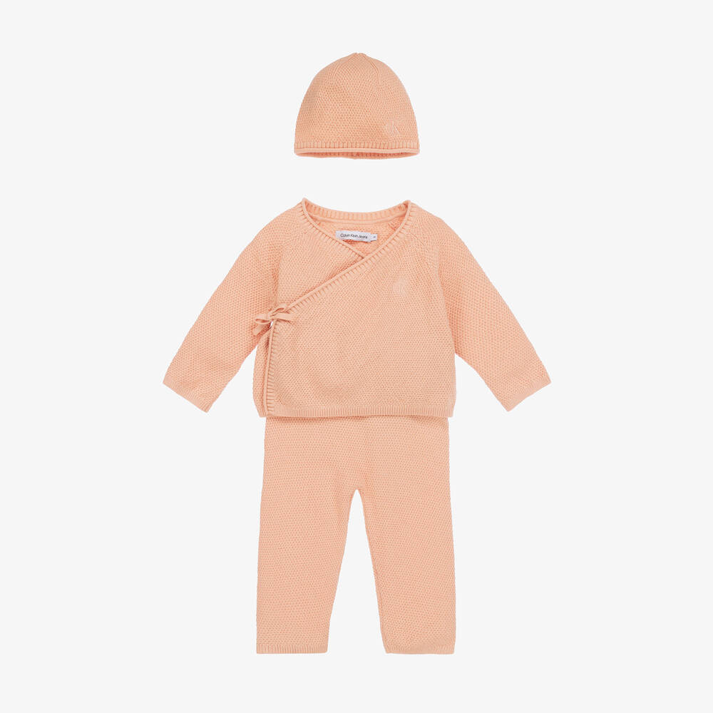 Calvin Klein Baby Girls Pink Waffle Knit Babysuit Gift Set In Neutral