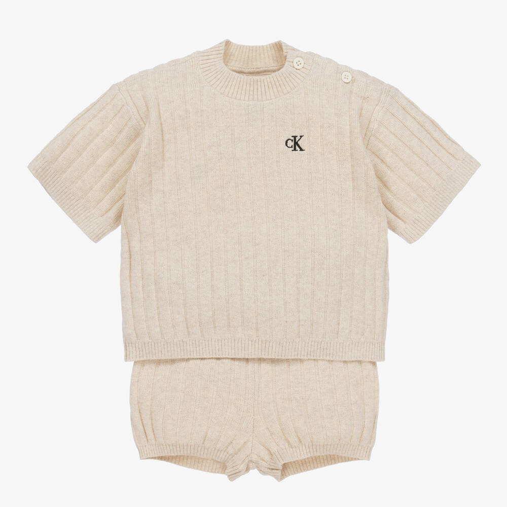 Calvin Klein - Beige Cotton & Linen Baby Shorts Set | Childrensalon