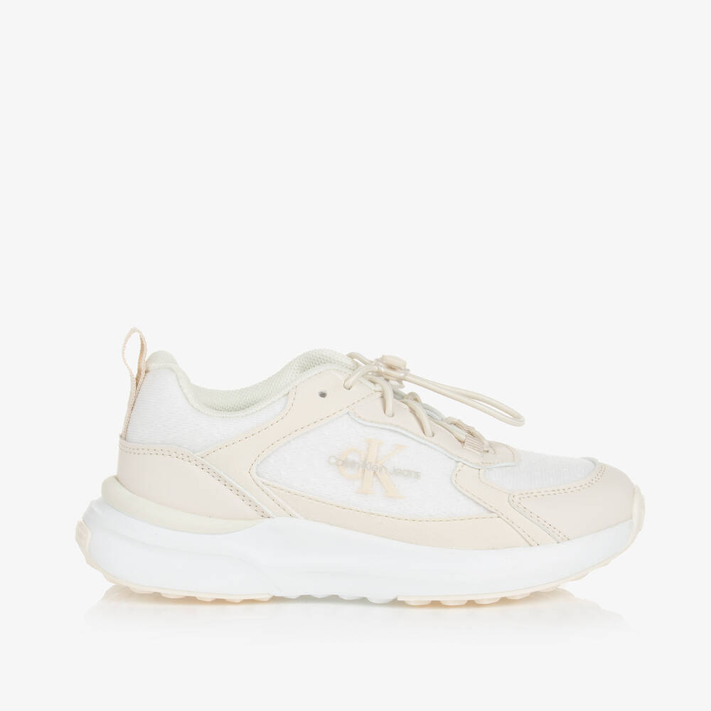 Shop Calvin Klein Girls Beige & White Faux Leather Trainers