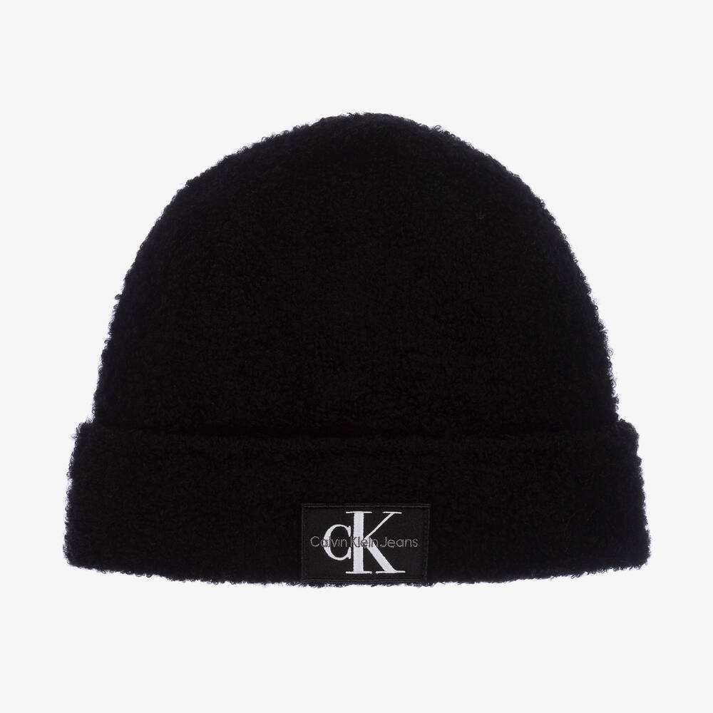 Calvin Klein - Black Fluffy Embroidered Beanie Hat | Childrensalon