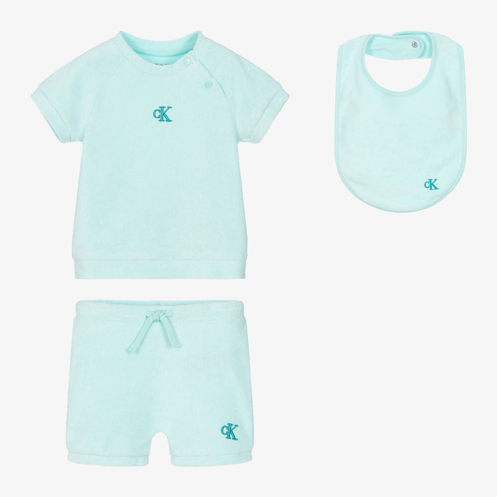 Calvin Klein - Blue Cotton Towelling Baby Shorts Gift Set | Childrensalon