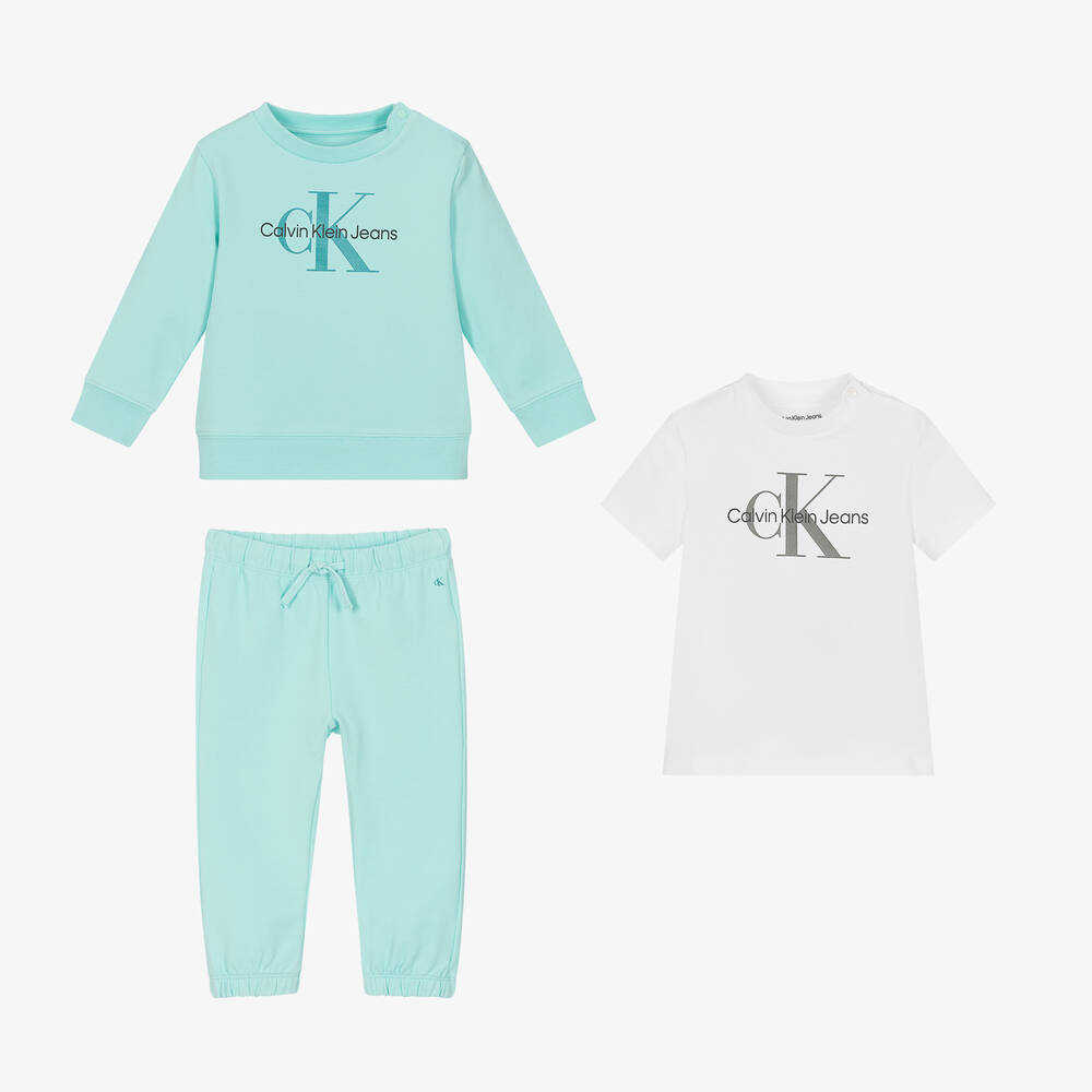 Calvin Klein - طقم هدية بدلة رياضية قطن لون أخضر تركواز | Childrensalon