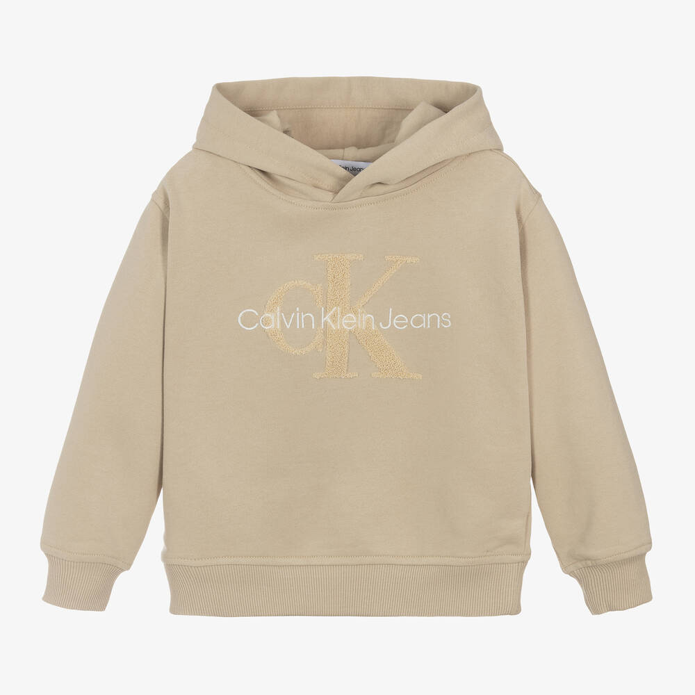 Calvin Klein - Boys Beige Cotton Monogram Hoodie | Childrensalon