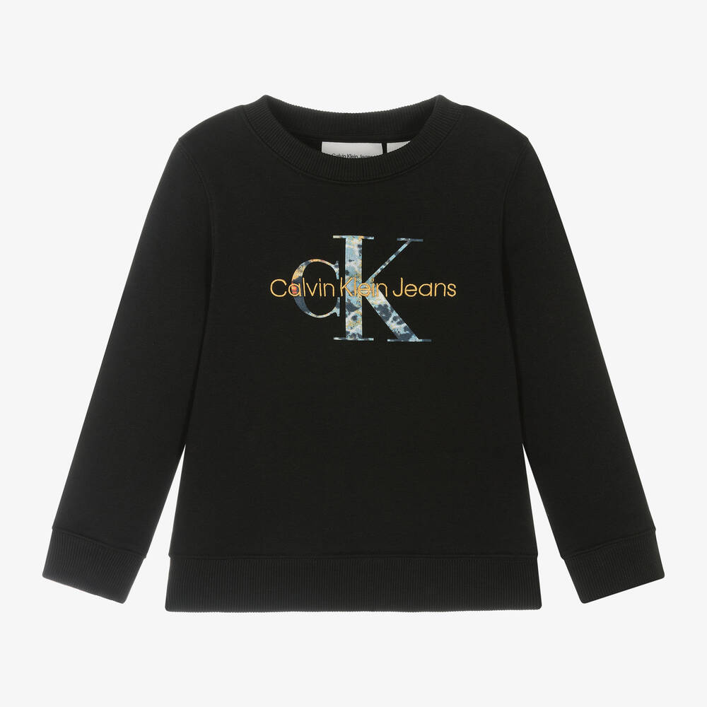 Calvin Klein - Boys Black Cotton Monogram Logo Sweatshirt | Childrensalon