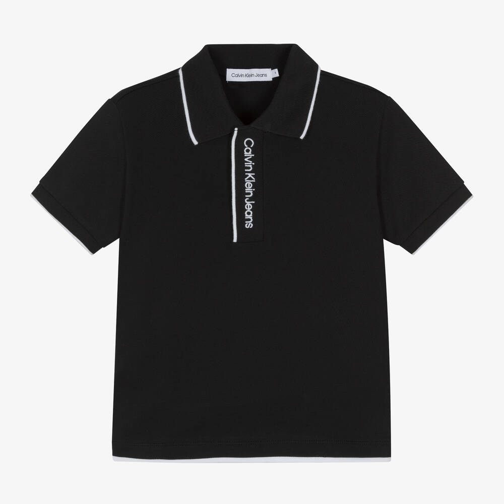 Calvin Klein - Boys Black Embroidered Cotton Polo Shirt | Childrensalon