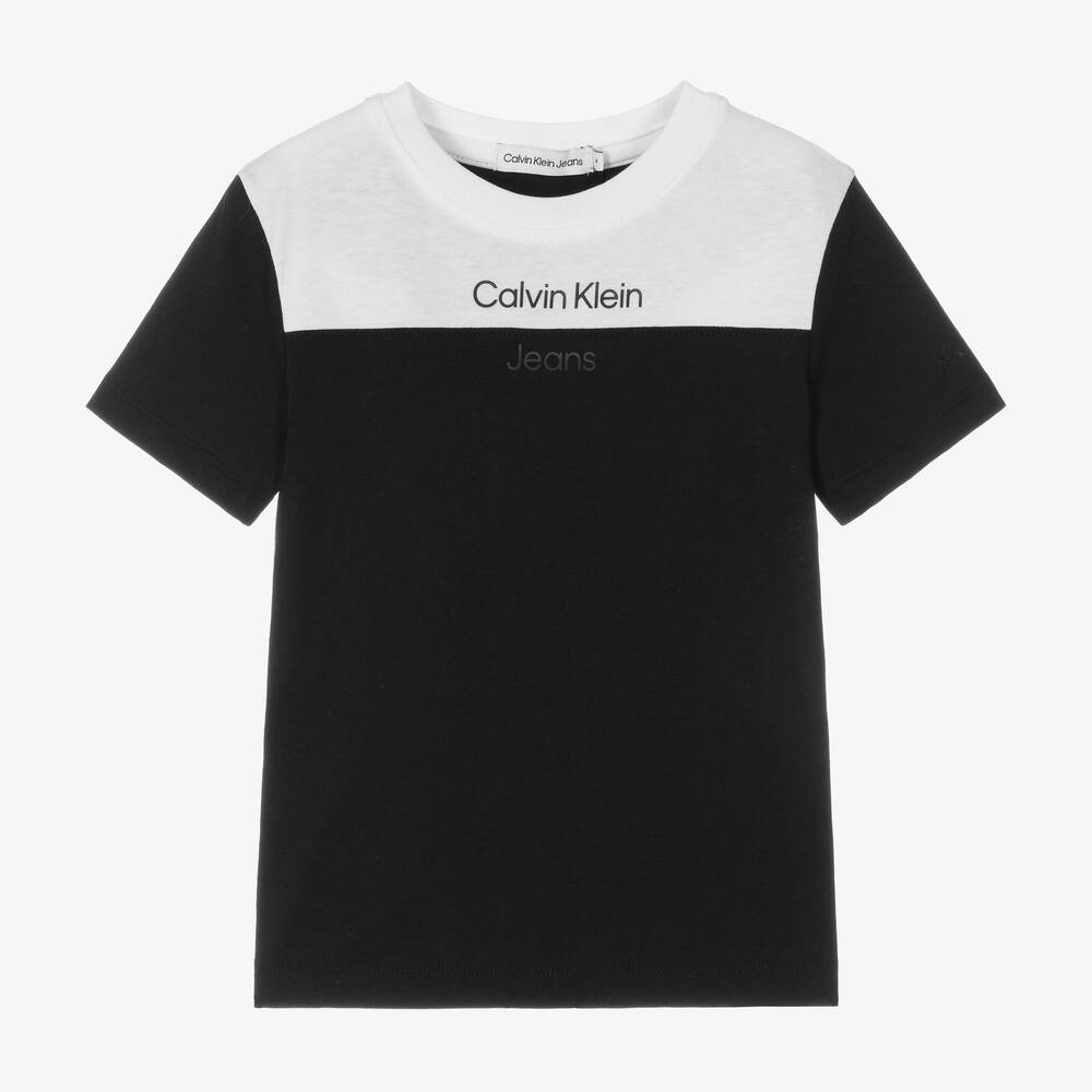 Calvin Klein - تيشيرت قطن جيرسي لون أبيض وأسود للأولاد | Childrensalon